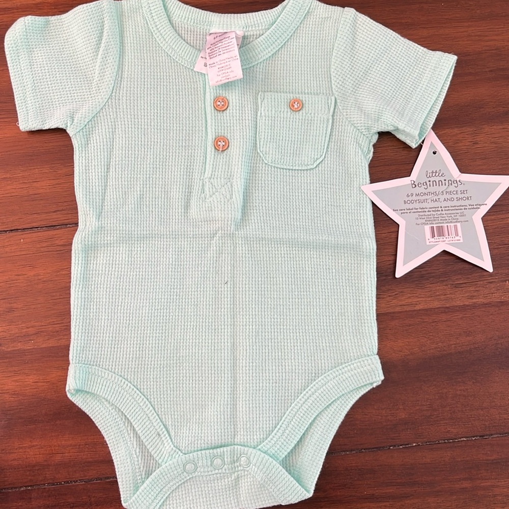 Little Beginnings mint green one piece button opening snap bottom as 6-9 mo new